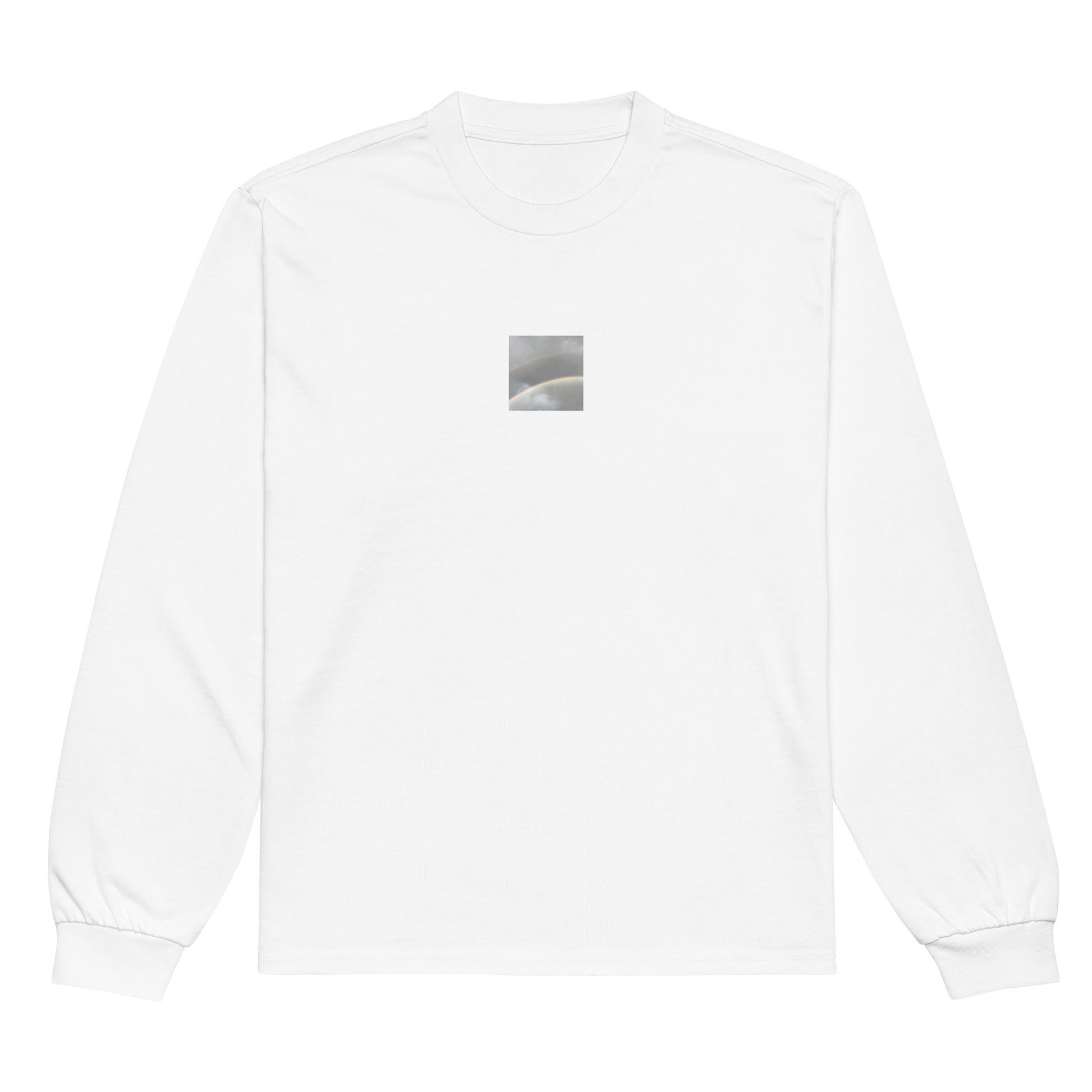 Minimalist streetwear style premium heavyweight long sleeve shirt in white featuring the 'Double Rainbow' photo art on the front. / モードストリート系プレミアム・ヘビーウェイト長袖Tシャツ（ホワイト）フロントに「ダブルレインボー」のフォトアートを配したデザイン。