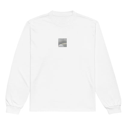 Minimalist streetwear style premium heavyweight long sleeve shirt in white featuring the 'Double Rainbow' photo art on the front. / モードストリート系プレミアム・ヘビーウェイト長袖Tシャツ（ホワイト）フロントに「ダブルレインボー」のフォトアートを配したデザイン。