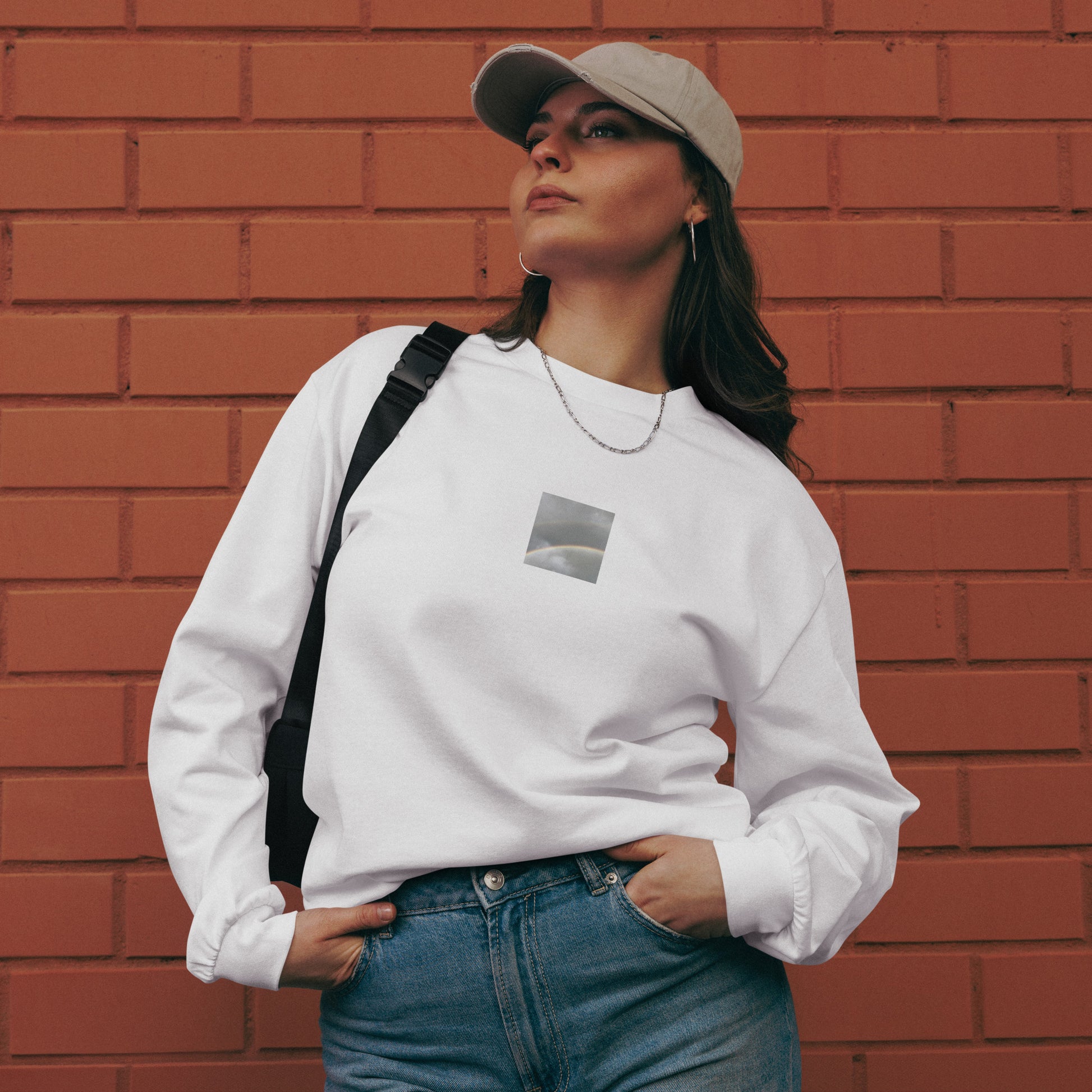 Minimalist streetwear style premium heavyweight long sleeve shirt in white featuring the 'Double Rainbow' photo art on the front. / モードストリート系プレミアム・ヘビーウェイト長袖Tシャツ（ホワイト）フロントに「ダブルレインボー」のフォトアートを配したデザイン。