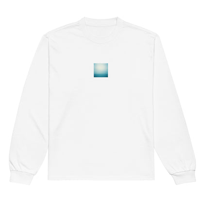 Minimalist streetwear style premium heavyweight long sleeve shirt in white featuring the 'Ocean Horizon' photo art on the front. / モードストリート系プレミアム・ヘビーウェイト長袖Tシャツ（ホワイト）フロントに「海の水平線」のフォトアートを配したデザイン。