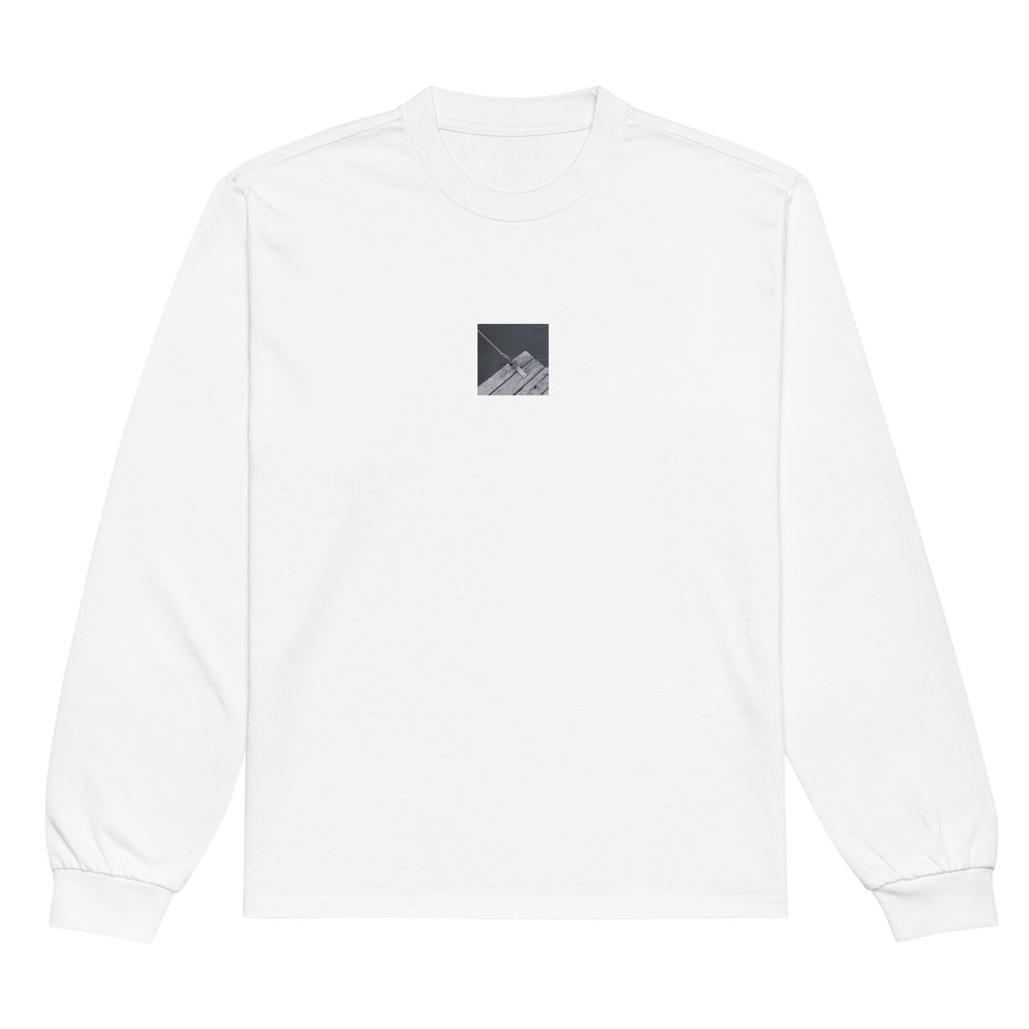 Minimalist streetwear style premium heavyweight long sleeve shirt in white featuring the 'Ocean Pier (B&W)' photo art on the front. / モードストリート系プレミアム・ヘビーウェイト長袖Tシャツ（ホワイト）フロントに「海の桟橋 (モノクロ)」のフォトアートを配したデザイン。