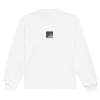 Minimalist streetwear style premium heavyweight long sleeve shirt in white featuring the 'Ocean Pier (B&W)' photo art on the front. / モードストリート系プレミアム・ヘビーウェイト長袖Tシャツ（ホワイト）フロントに「海の桟橋 (モノクロ)」のフォトアートを配したデザイン。
