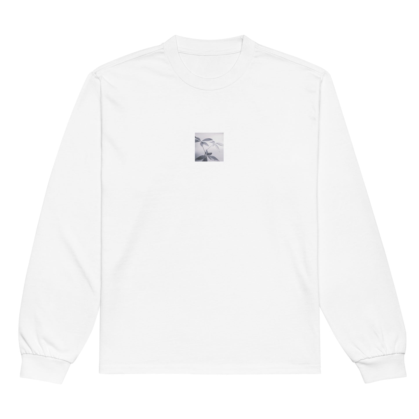 Minimalist streetwear style premium heavyweight long sleeve shirt in white featuring the 'Botanical (B&W)' photo art on the front. / モードストリート系プレミアム・ヘビーウェイト長袖Tシャツ（ホワイト）フロントに「ボタニカル (モノクロ)」のフォトアートを配したデザイン。