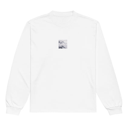 Minimalist streetwear style premium heavyweight long sleeve shirt in white featuring the 'Botanical (B&W)' photo art on the front. / モードストリート系プレミアム・ヘビーウェイト長袖Tシャツ（ホワイト）フロントに「ボタニカル (モノクロ)」のフォトアートを配したデザイン。