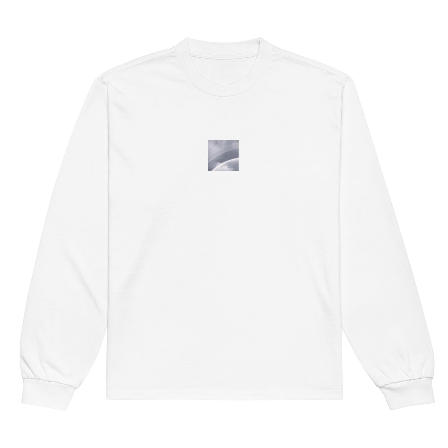Minimalist streetwear style premium heavyweight long sleeve shirt in white featuring the 'Double Rainbow (B&W)' photo art on the front. / モードストリート系プレミアム・ヘビーウェイト長袖Tシャツ（ホワイト）フロントに「ダブルレインボー (モノクロ)」のフォトアートを配したデザイン。