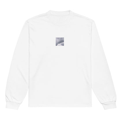 Minimalist streetwear style premium heavyweight long sleeve shirt in white featuring the 'Double Rainbow (B&W)' photo art on the front. / モードストリート系プレミアム・ヘビーウェイト長袖Tシャツ（ホワイト）フロントに「ダブルレインボー (モノクロ)」のフォトアートを配したデザイン。