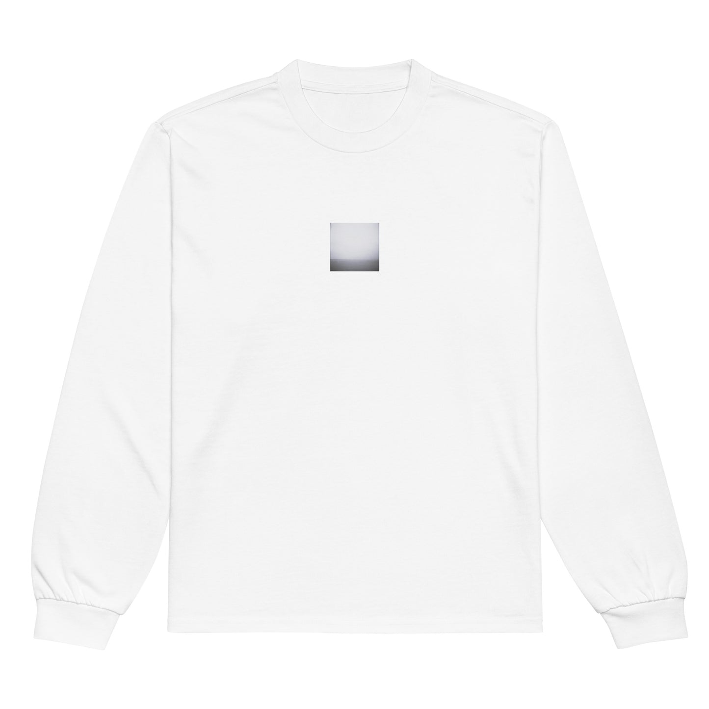 Minimalist streetwear style premium heavyweight long sleeve shirt in white featuring the 'Ocean Horizon (B&W)' photo art on the front. / モードストリート系プレミアム・ヘビーウェイト長袖Tシャツ（ホワイト）フロントに「オーシャンホライズン (モノクロ)」のフォトアートを配したデザイン。