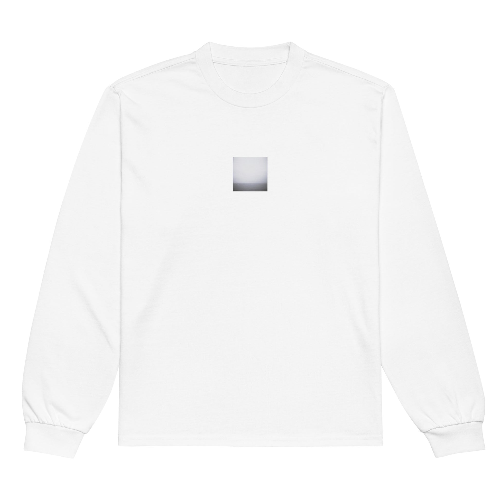 Minimalist streetwear style premium heavyweight long sleeve shirt in white featuring the 'Ocean Horizon (B&W)' photo art on the front. / モードストリート系プレミアム・ヘビーウェイト長袖Tシャツ（ホワイト）フロントに「オーシャンホライズン (モノクロ)」のフォトアートを配したデザイン。