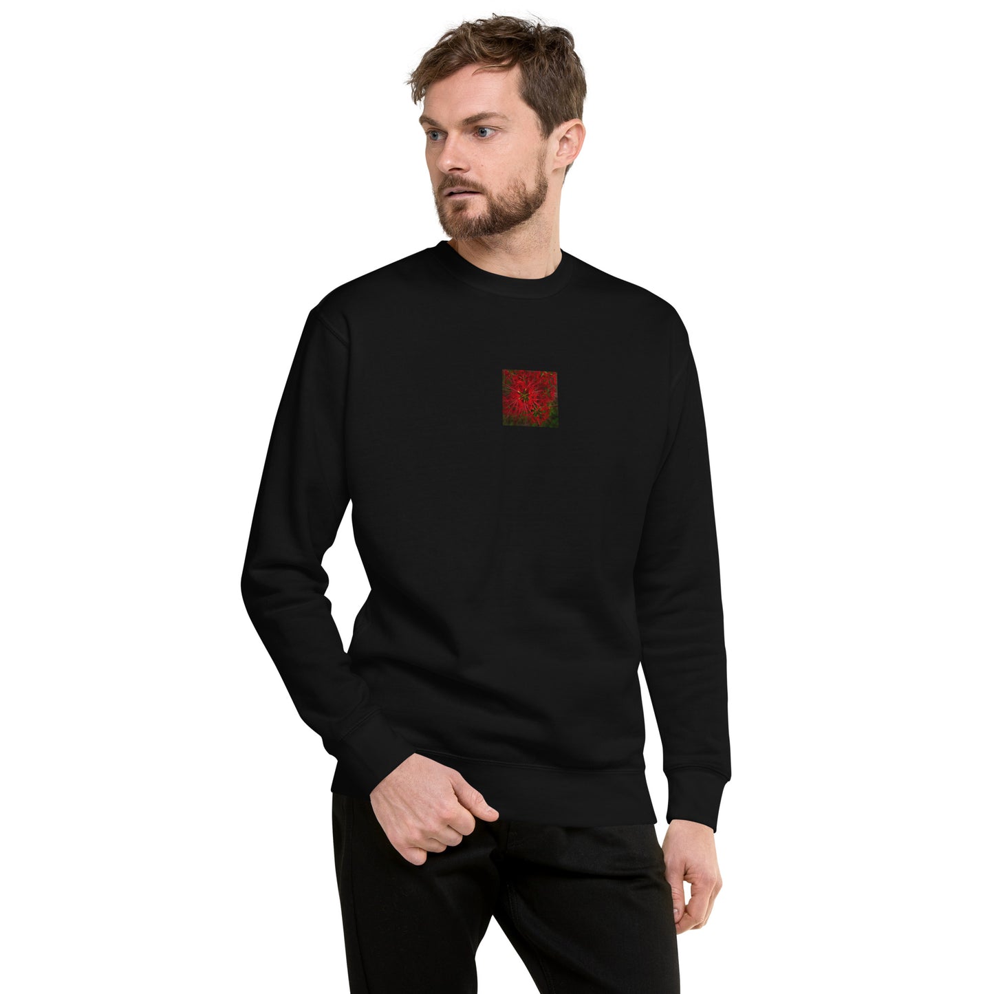 Red Spider Lily Botanical Art – Unisex Premium Sweatshirt, Black, Front View