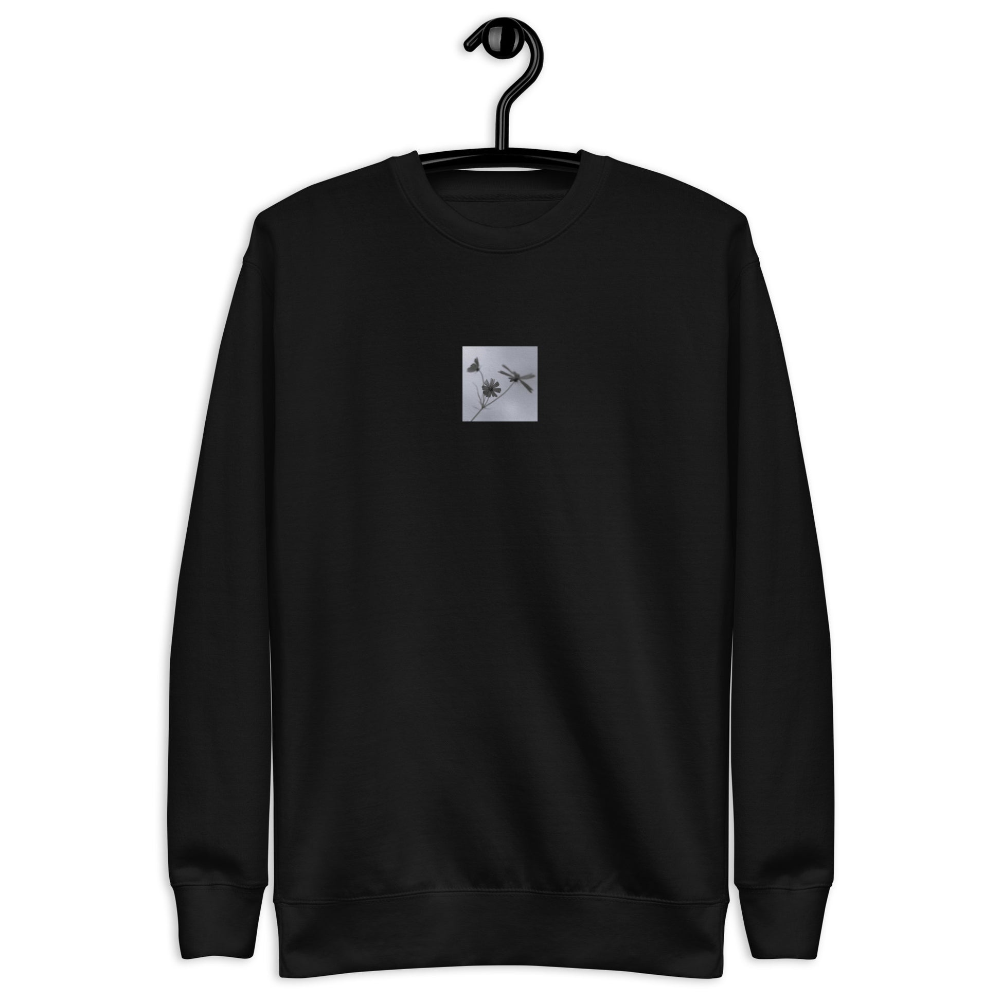 Three Cosmos Flowers Botanical B&W Art – Unisex Premium Sweatshirt, Black, Front View