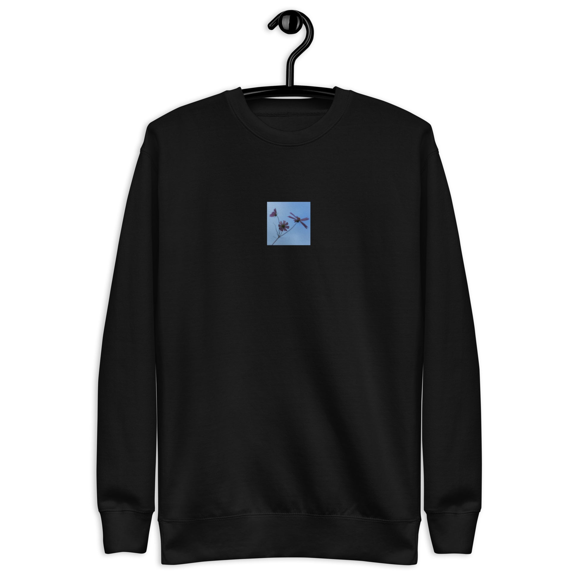 Three Cosmos Flowers Botanical Art – Unisex Premium Sweatshirt, Black, Front View