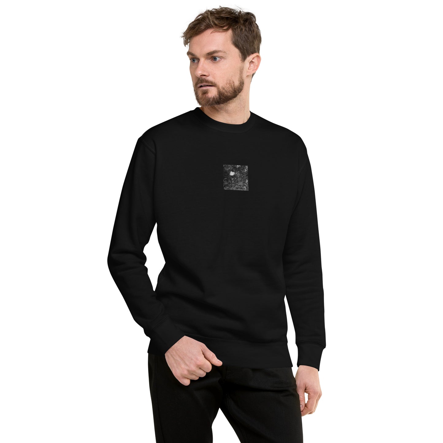 【Black】
Minimalist mode style unisex premium black sweatshirt with a 'Camellia Flower' black and white photo print / モードストリート系ユニセックス・プレミアムスウェット（ブラック）、「カメリア（椿）」のモノクロ写真プリント（スウェット）