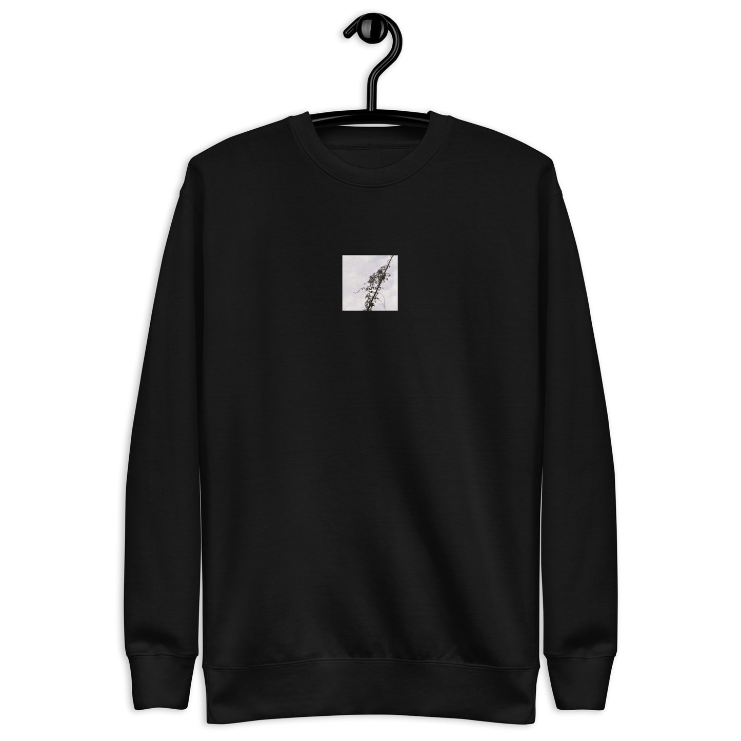 Minimalist mode style unisex premium black sweatshirt with a 'Vines Entangled on a Utility Pole' black and white photo print / モードストリート系ユニセックス・プレミアムスウェット（ブラック）、フロントに「電柱に絡まるツル」のモノクロ写真プリント（スウェット）