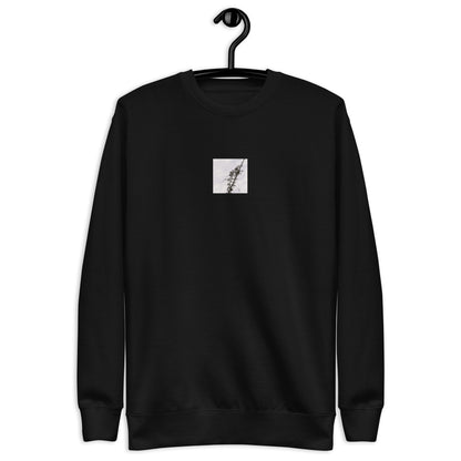 Minimalist mode style unisex premium black sweatshirt with a 'Vines Entangled on a Utility Pole' black and white photo print / モードストリート系ユニセックス・プレミアムスウェット（ブラック）、フロントに「電柱に絡まるツル」のモノクロ写真プリント（スウェット）