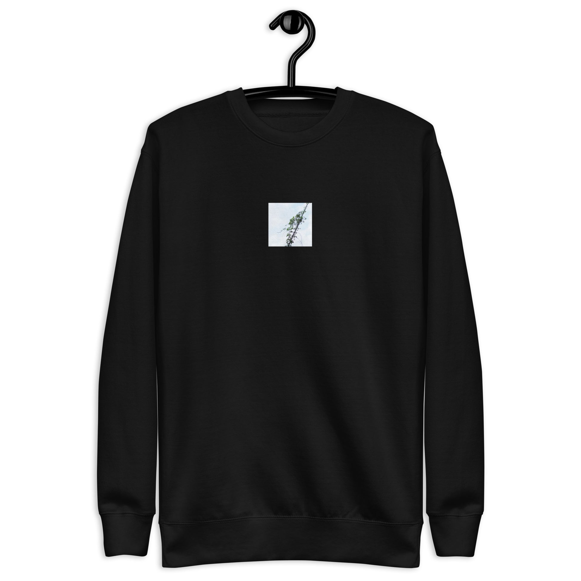 Minimalist mode style unisex premium black sweatshirt with a 'Vines Entangled on a Utility Pole' photo print / モードストリート系ユニセックス・プレミアムスウェット（ブラック）、フロントに「電柱に絡まるツル」の写真プリント（スウェット）