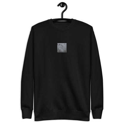 Minimalist mode style unisex premium black sweatshirt with a 'Water Surface & Leaves' black and white photo print / モードストリート系ユニセックス・プレミアムスウェット（ブラック）、フロントに「水面と葉」のモノクロ写真プリント（スウェット）