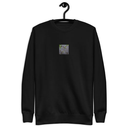 Minimalist mode style unisex black premium sweatshirt with a 'Water Surface & Leaves' art print / モードストリート系ユニセックス・ブラック・プレミアムスウェット、フロントに「水面と葉」のアートプリント（スウェット）