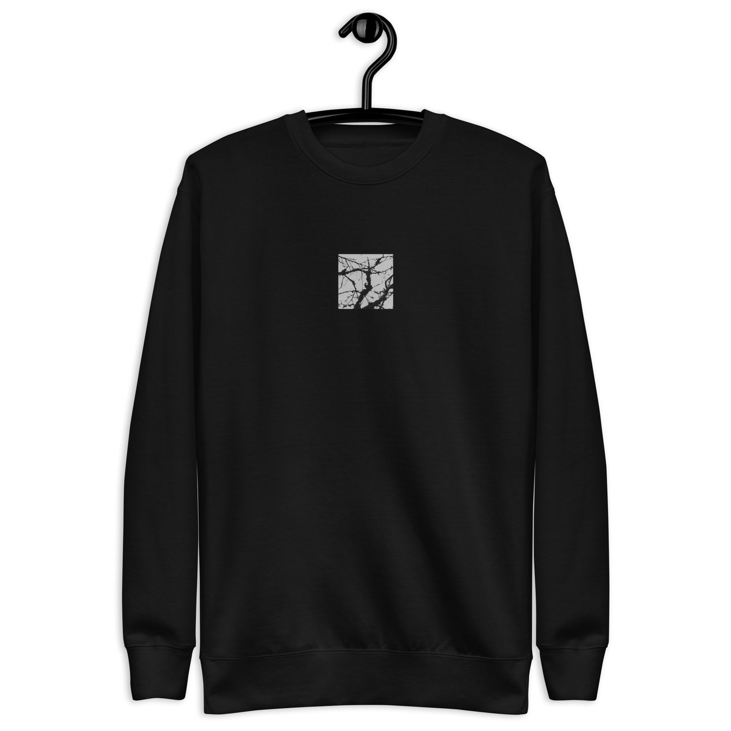 Minimalist mode style unisex black premium sweatshirt with a 'Bare Tree' black and white photo print / モードストリート系ユニセックス・ブラック・プレミアムスウェット、フロントに「Bare Tree（枯れ木）」のモノクロ写真プリント（スウェット）