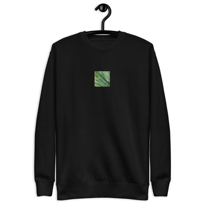 Minimalist streetwear style unisex premium sweatshirt in black, featuring a vibrant Yucca plant color photograph on the chest. A modern, monochromatic staple with a comfortable fleece interior. / モードストリート系ユニセックス・ブラック・プレミアムスウェット。フロントにユッカ植物のカラー写真プリント。内側は暖かなフリース素材。