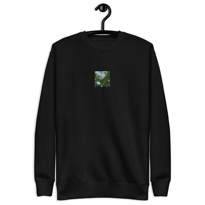 Minimalist streetwear style unisex premium sweatshirt in black, featuring a 'Tree Branches' botanical print on the chest. / Tree Branches プレミアム・スウェット（ブラック）：フロントにボタニカルな枝をプリントした、洗練されたミニマリストのためのモードストリート系スウェット。