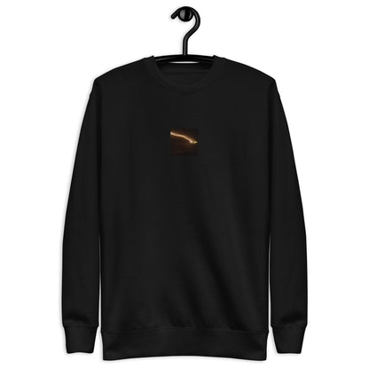 Minimalist streetwear style unisex premium sweatshirt in black, featuring a 'Night Car Lights' photograph print on the chest. / Night Car Lights プレミアム・スウェット（ブラック）：都会の夜の光の軌跡を捉えた写真が際立つ、モードストリート系ミニマリスト・スウェット。