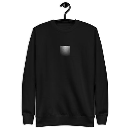 Minimalist streetwear style unisex premium sweatshirt in black featuring the 'Beach Footprints (B&W)' photo art. / フロントに「砂浜の足跡（モノクロ）」のフォトアートを配した、モードストリート系プレミアム・スウェットシャツ（ブラック）。