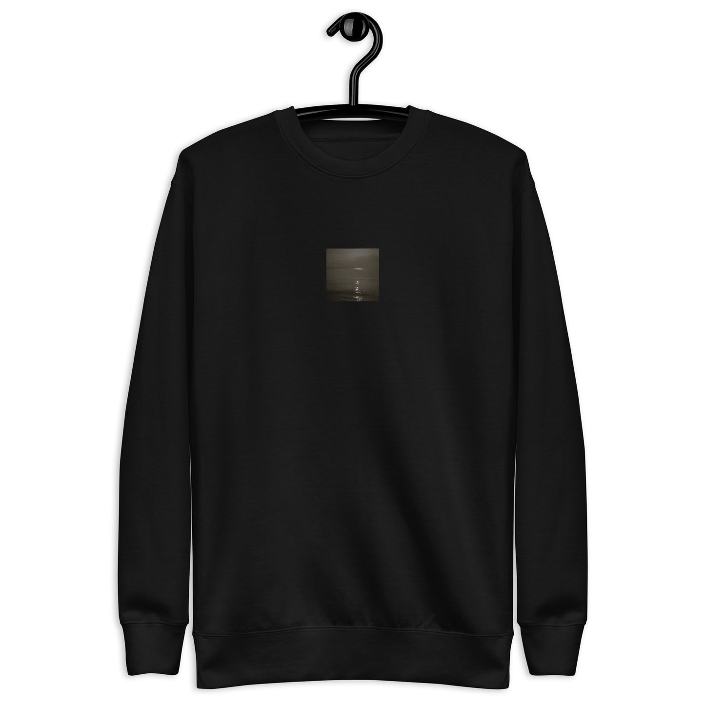 Minimalist streetwear style unisex premium sweatshirt in black featuring the 'Sea and Sunshine (B&W)' photo art on the front. / モードストリート系ユニセックス・プレミアム・スウェットシャツ（ブラック）フロントに「海と太陽（モノクロ）」のフォトアートを配したデザイン。