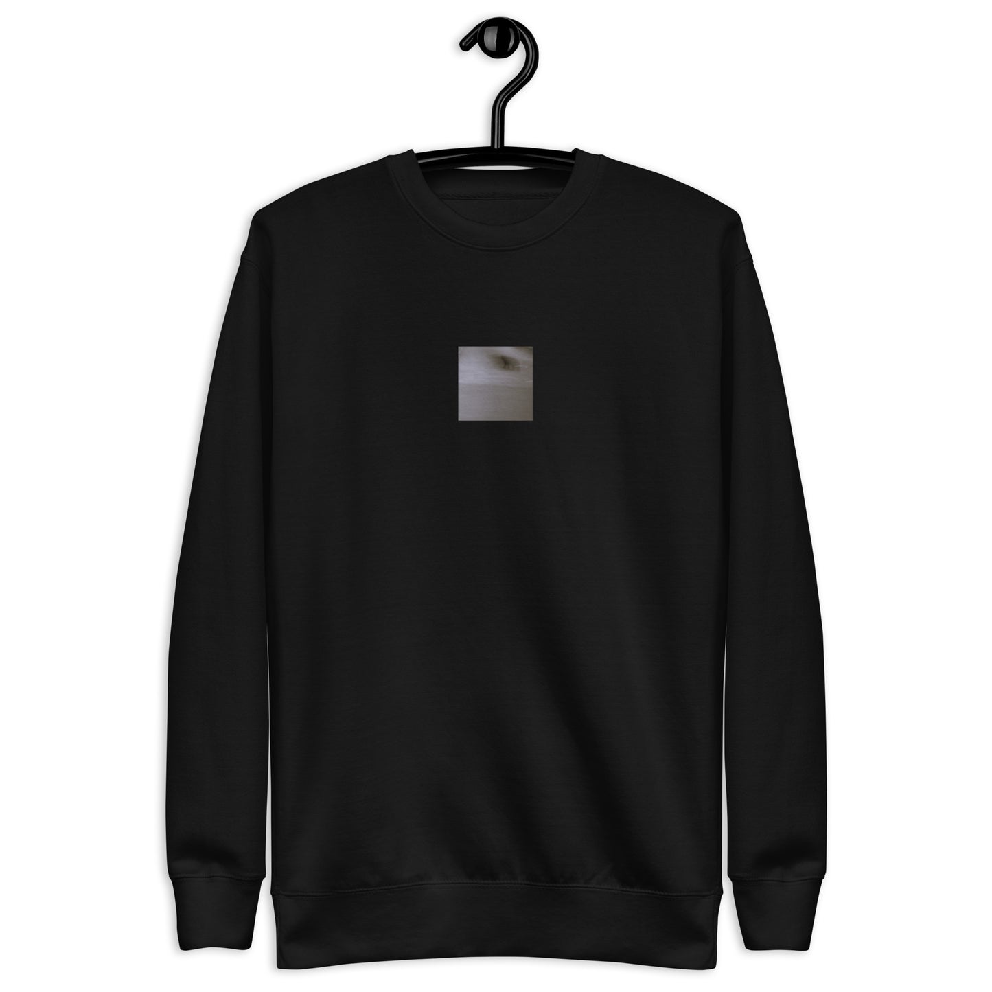 Minimalist streetwear style unisex premium sweatshirt in black featuring the 'Cat (B&W)' photo art on the front. / モードストリート系ユニセックス・プレミアム・スウェットシャツ（ブラック）フロントに「猫（モノクロ）」のフォトアートを配したデザイン。