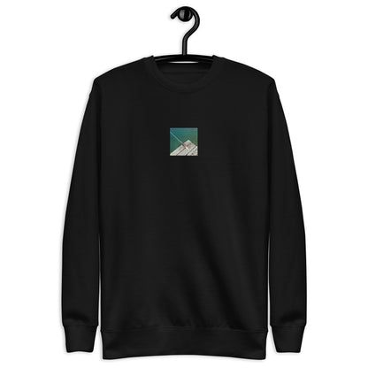 Minimalist streetwear style unisex premium sweatshirt in black featuring the 'Sea, Pier and Rope' photo art on the front. / モードストリート系ユニセックス・プレミアム・スウェットシャツ（ブラック）フロントに「海、桟橋、ロープ」のフォトアートを配したデザイン。