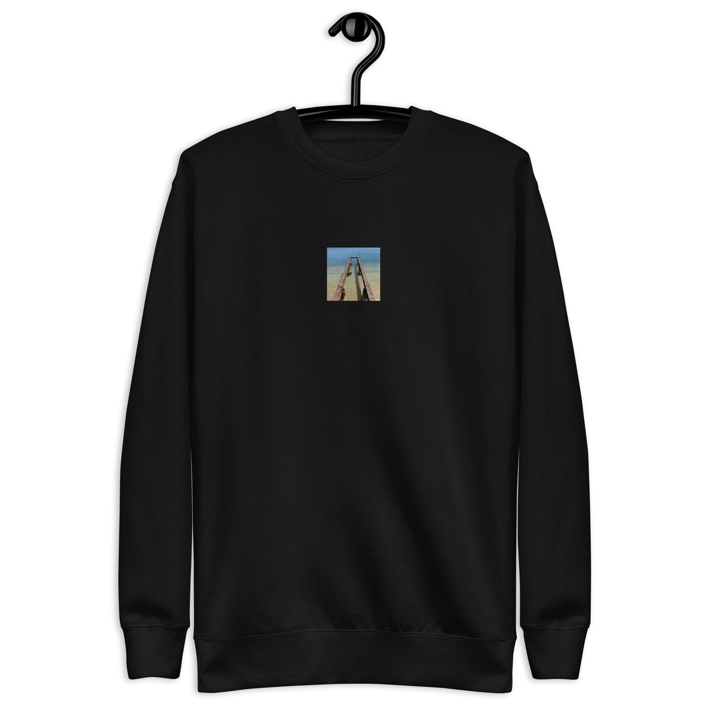 Minimalist streetwear style unisex premium sweatshirt in black featuring the 'Sea and Pier' photo art on the front. / モードストリート系ユニセックス・プレミアム・スウェットシャツ（ブラック）フロントに「海と桟橋」のフォトアートを配したデザイン。