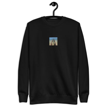 Minimalist streetwear style unisex premium sweatshirt in black featuring the 'Sea and Pier' photo art on the front. / モードストリート系ユニセックス・プレミアム・スウェットシャツ（ブラック）フロントに「海と桟橋」のフォトアートを配したデザイン。