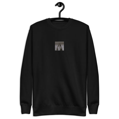 Minimalist streetwear style unisex premium sweatshirt in black featuring the 'Sea and Pier (B&W)' photo art on the front. / モードストリート系ユニセックス・プレミアム・スウェットシャツ（ブラック）フロントに「海と桟橋（モノクロ）」のフォトアートを配したデザイン。