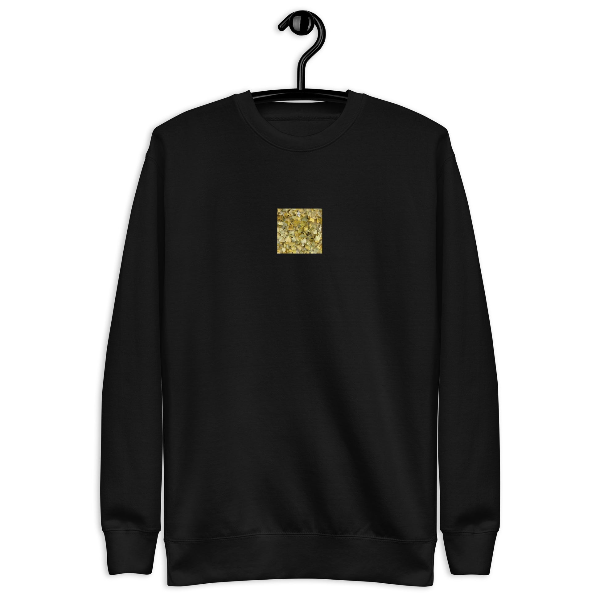 Minimalist streetwear style unisex premium sweatshirt in black featuring the 'Ginkgo Fallen Leaves' photo art on the front. / モードストリート系ユニセックス・プレミアム・スウェットシャツ（ブラック）フロントに「イチョウの落ち葉」のフォトアートを配したデザイン。