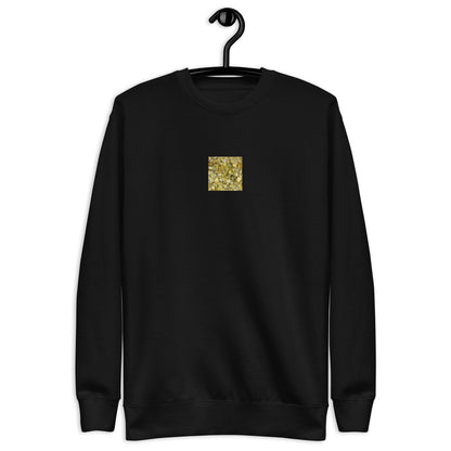 Minimalist streetwear style unisex premium sweatshirt in black featuring the 'Ginkgo Fallen Leaves' photo art on the front. / モードストリート系ユニセックス・プレミアム・スウェットシャツ（ブラック）フロントに「イチョウの落ち葉」のフォトアートを配したデザイン。