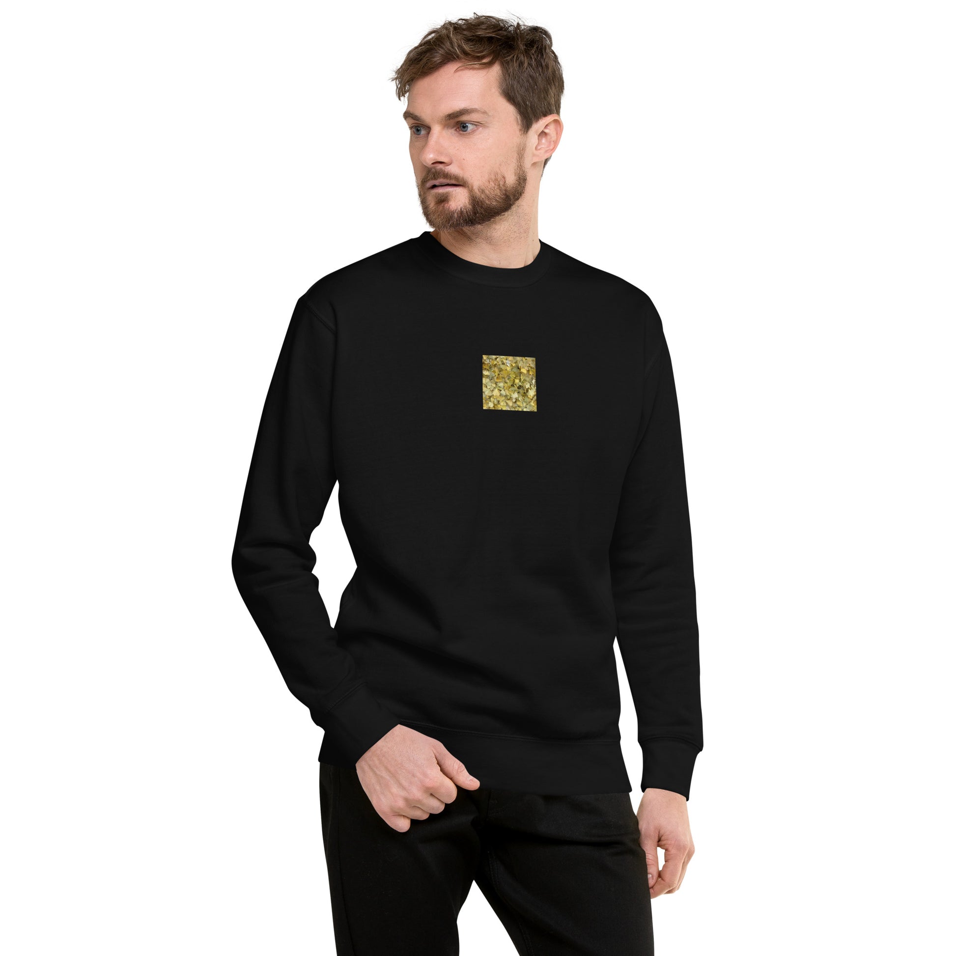 Minimalist streetwear style unisex premium sweatshirt in black featuring the 'Ginkgo Fallen Leaves' photo art on the front. / モードストリート系ユニセックス・プレミアム・スウェットシャツ（ブラック）フロントに「イチョウの落ち葉」のフォトアートを配したデザイン。