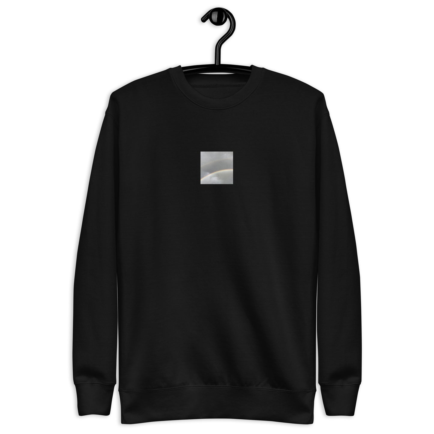 Minimalist streetwear style unisex premium sweatshirt in black featuring the 'Double Rainbow' photo art on the front. / モードストリート系ユニセックス・プレミアム・スウェットシャツ（ブラック）フロントに「ダブルレインボー」のフォトアートを配したデザイン。
