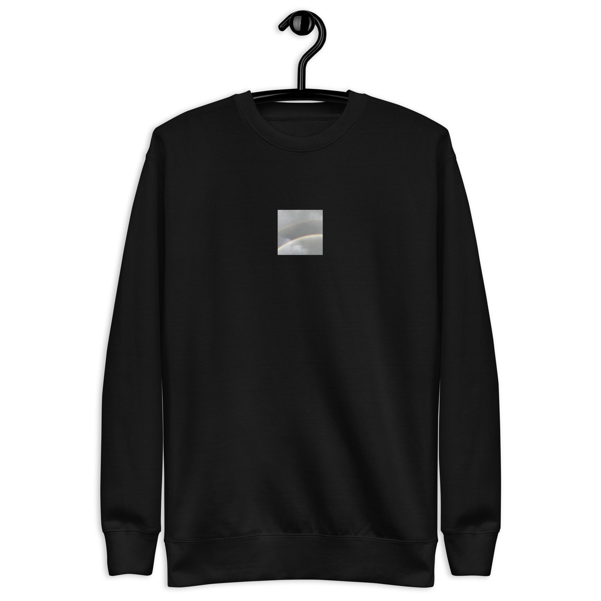 Minimalist streetwear style unisex premium sweatshirt in black featuring the 'Double Rainbow' photo art on the front. / モードストリート系ユニセックス・プレミアム・スウェットシャツ（ブラック）フロントに「ダブルレインボー」のフォトアートを配したデザイン。