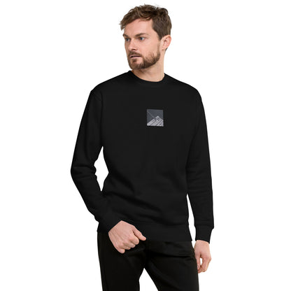 Minimalist streetwear style unisex premium sweatshirt in black featuring the 'Ocean Pier (B&W)' photo art on the front. / モードストリート系ユニセックス・プレミアム・スウェットシャツ（ブラック）フロントに「海の桟橋 (モノクロ)」のフォトアートを配したデザイン。