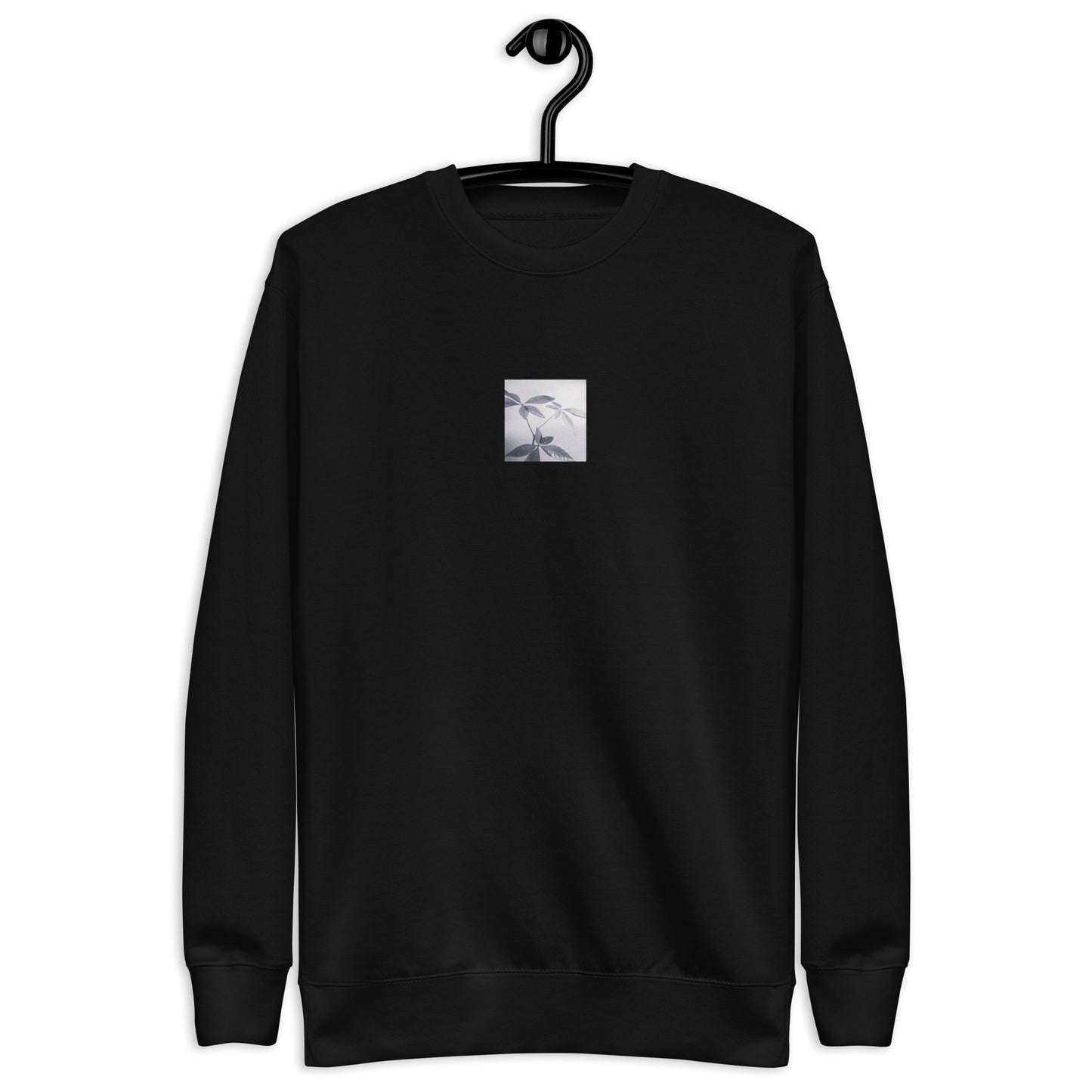 Minimalist streetwear style unisex premium sweatshirt in black featuring the 'Botanical (B&W)' photo art on the front. / モードストリート系ユニセックス・プレミアム・スウェットシャツ（ブラック）フロントに「ボタニカル (モノクロ)」のフォトアートを配したデザイン。