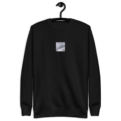 Minimalist streetwear style unisex premium sweatshirt in black featuring the 'Double Rainbow (B&W)' photo art on the front. / モードストリート系ユニセックス・プレミアム・スウェットシャツ（ブラック）フロントに「ダブルレインボー (モノクロ)」のフォトアートを配したデザイン。