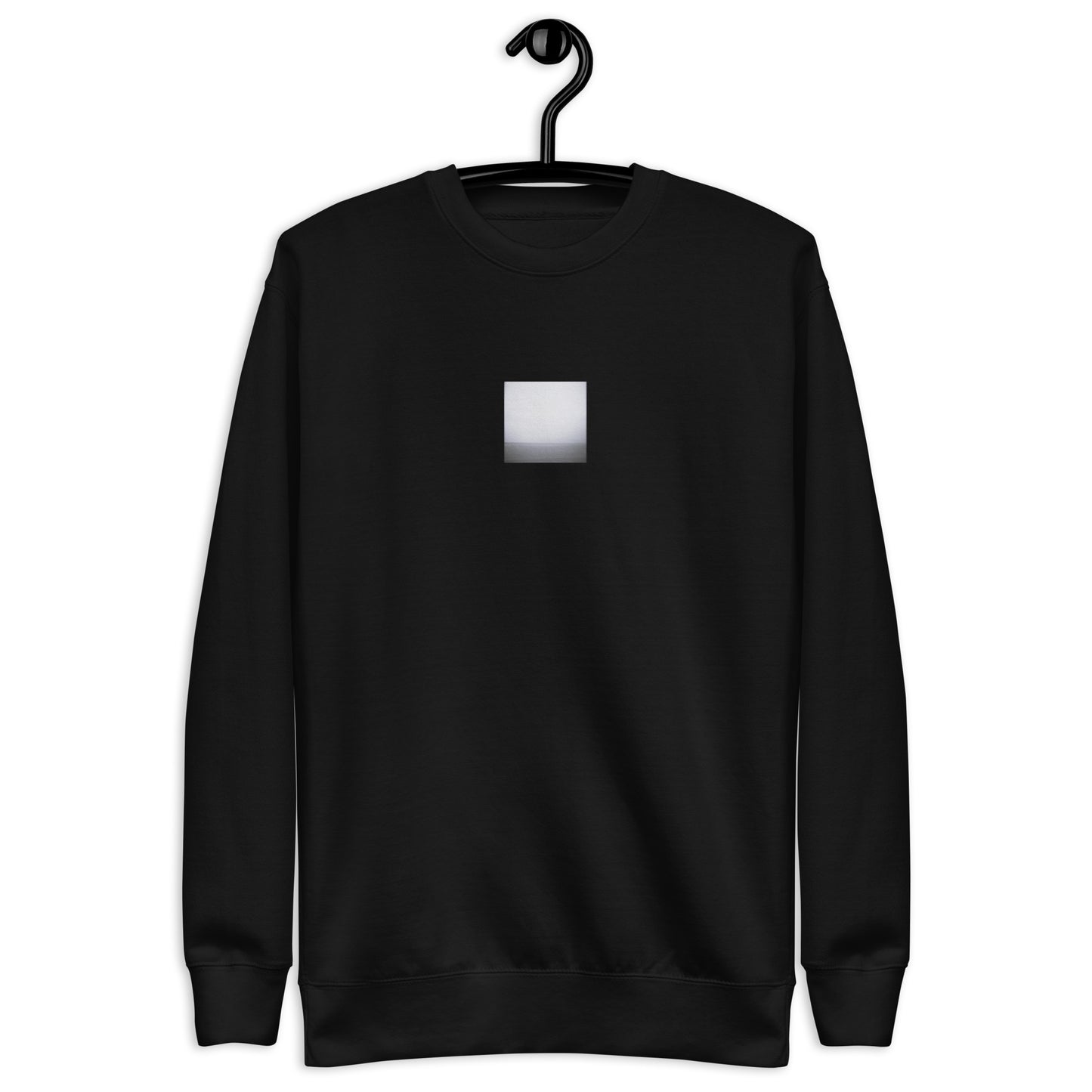 Minimalist streetwear style unisex premium sweatshirt in black featuring the 'Ocean Horizon (B&W)' photo art on the front. / モードストリート系ユニセックス・プレミアム・スウェットシャツ（ブラック）フロントに「オーシャンホライズン (モノクロ)」のフォトアートを配したデザイン。