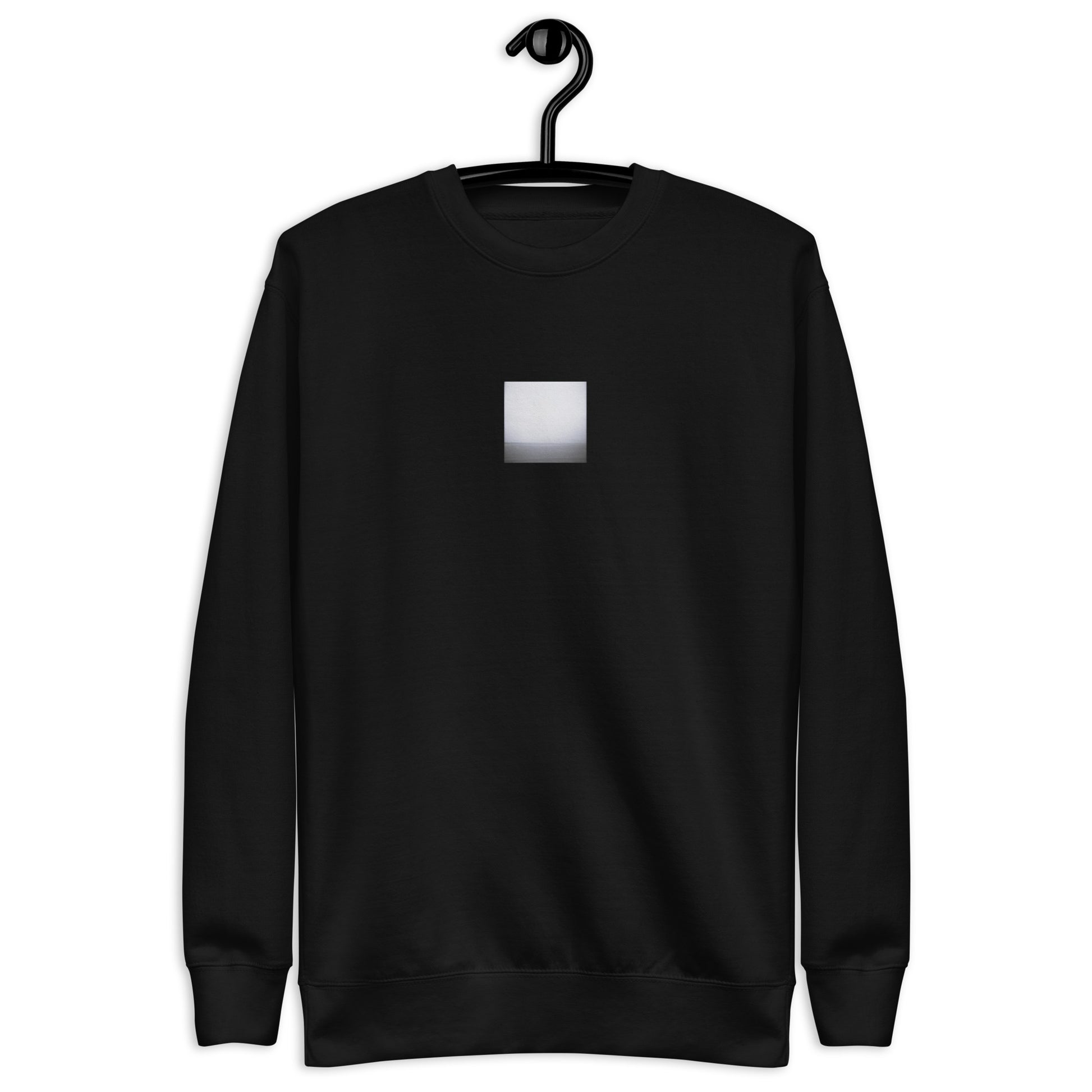 Minimalist streetwear style unisex premium sweatshirt in black featuring the 'Ocean Horizon (B&W)' photo art on the front. / モードストリート系ユニセックス・プレミアム・スウェットシャツ（ブラック）フロントに「オーシャンホライズン (モノクロ)」のフォトアートを配したデザイン。
