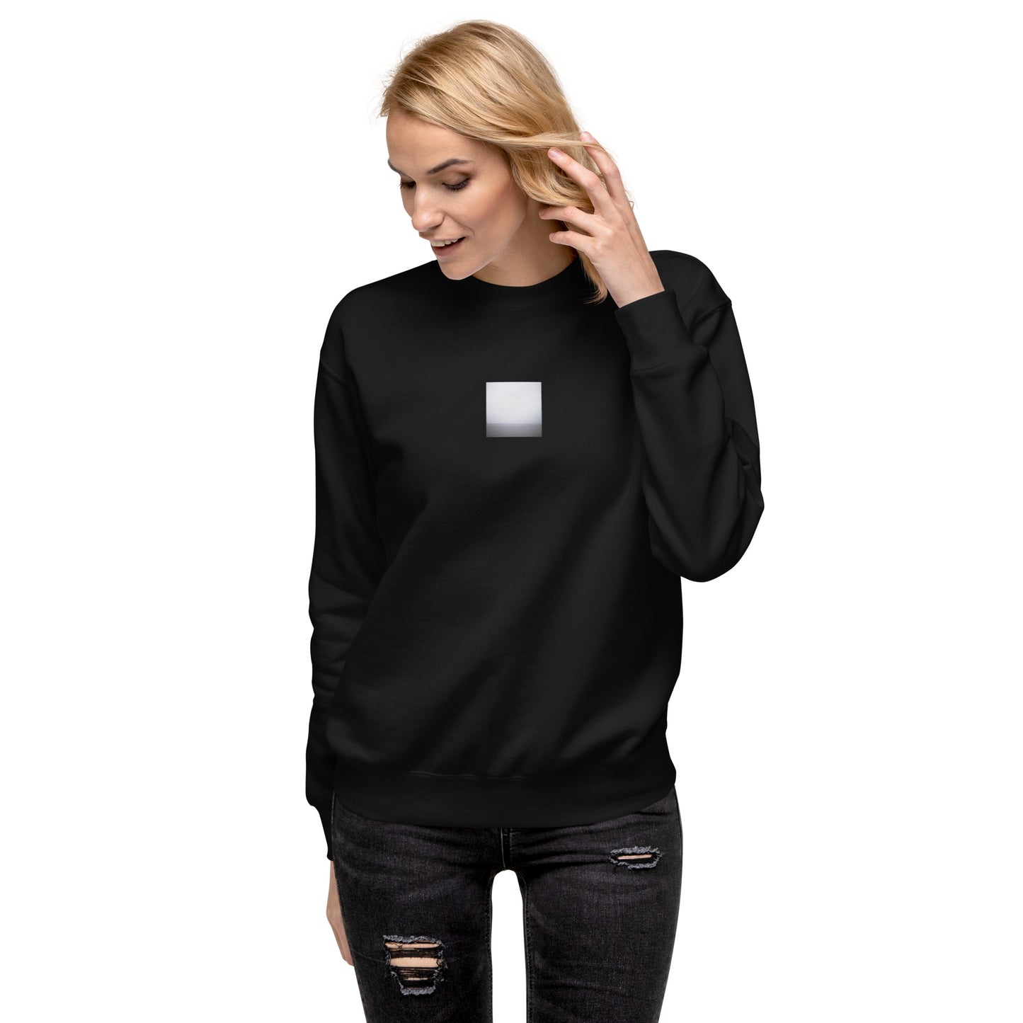 Minimalist streetwear style unisex premium sweatshirt in black featuring the 'Ocean Horizon (B&W)' photo art on the front. / モードストリート系ユニセックス・プレミアム・スウェットシャツ（ブラック）フロントに「オーシャンホライズン (モノクロ)」のフォトアートを配したデザイン。