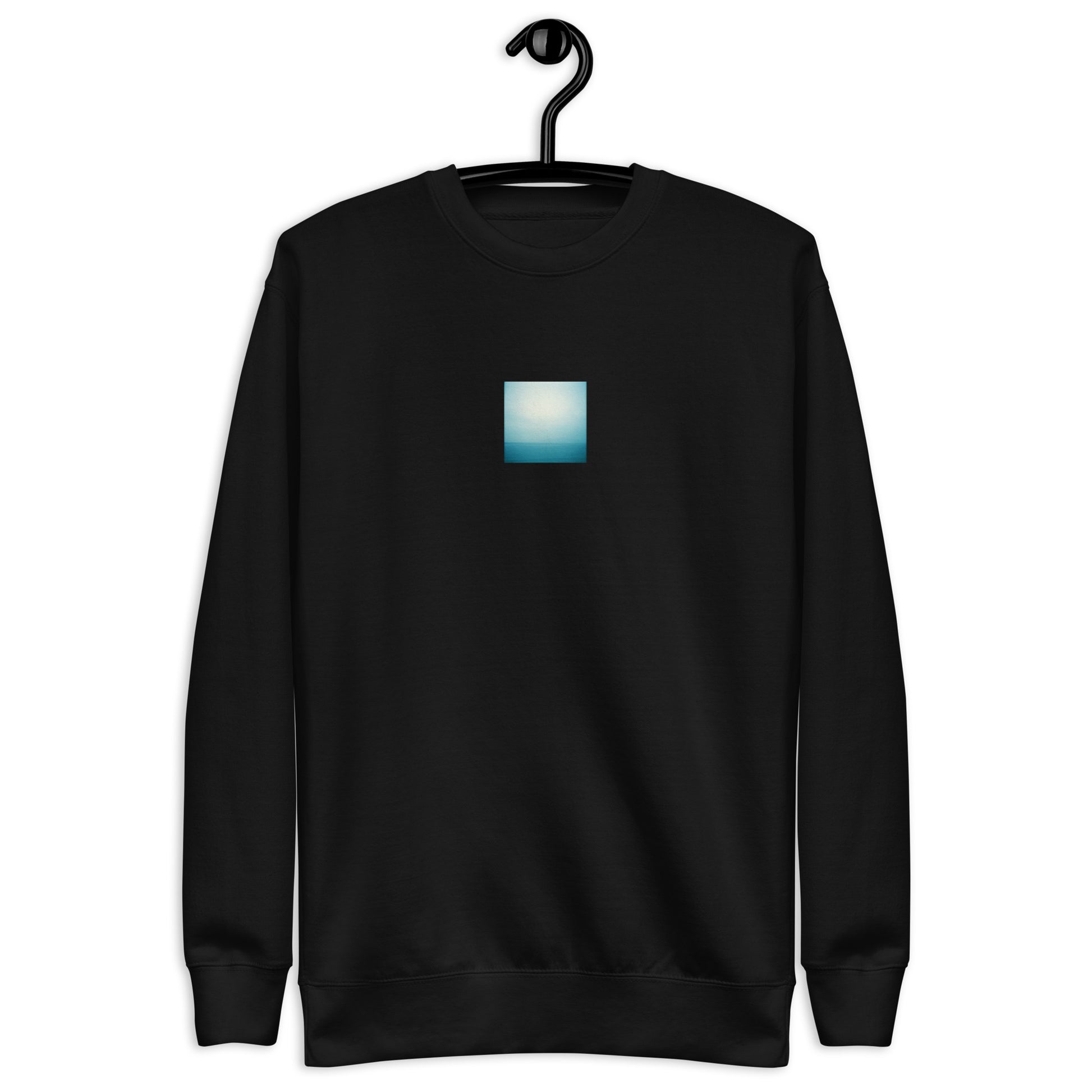 Minimalist streetwear style unisex premium sweatshirt in black featuring the 'Ocean Horizon' photo art on the front. / モードストリート系ユニセックス・プレミアム・スウェットシャツ（ブラック）フロントに「オーシャンホライズン」のフォトアートを配したデザイン。