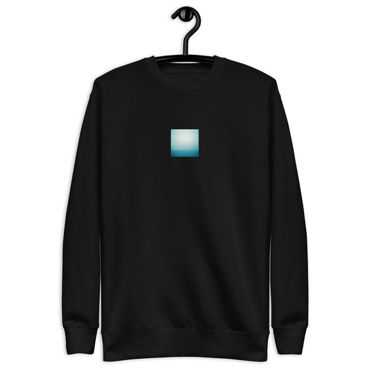 Minimalist streetwear style unisex premium sweatshirt in black featuring the 'Ocean Horizon' photo art on the front. / モードストリート系ユニセックス・プレミアム・スウェットシャツ（ブラック）フロントに「オーシャンホライズン」のフォトアートを配したデザイン。