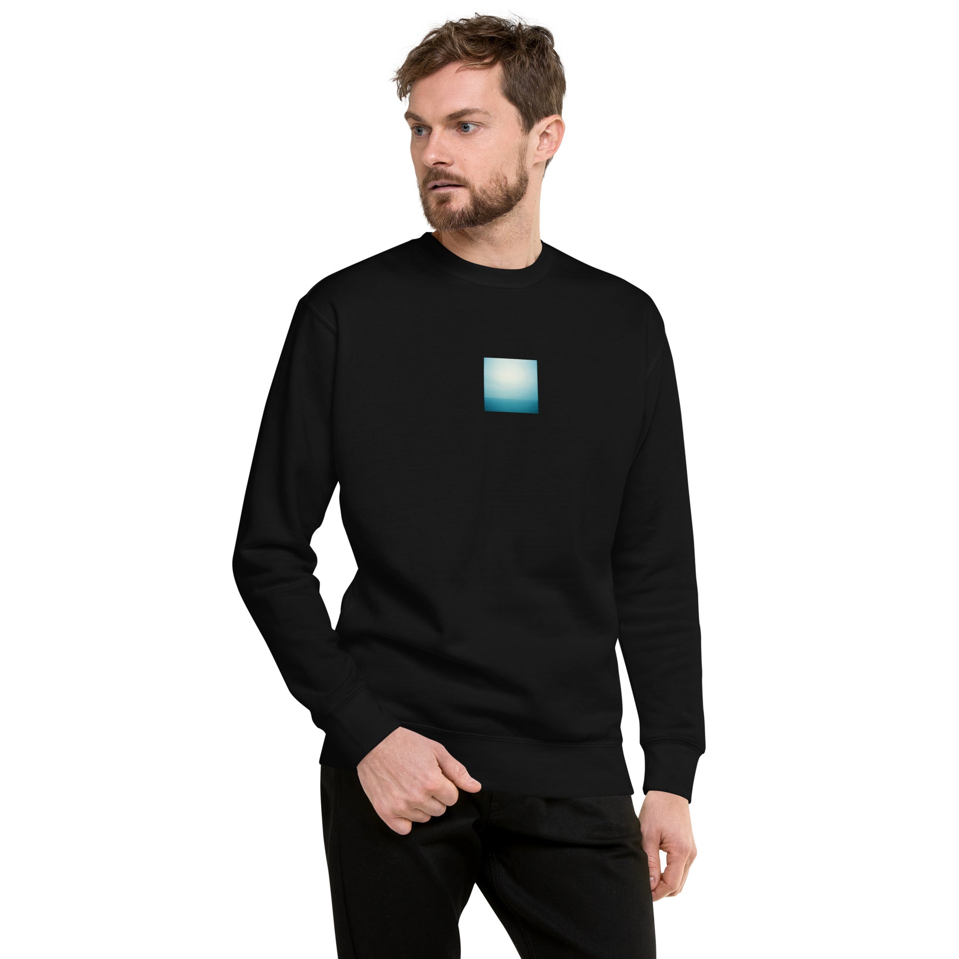 Minimalist streetwear style unisex premium sweatshirt in black featuring the 'Ocean Horizon' photo art on the front. / モードストリート系ユニセックス・プレミアム・スウェットシャツ（ブラック）フロントに「オーシャンホライズン」のフォトアートを配したデザイン。