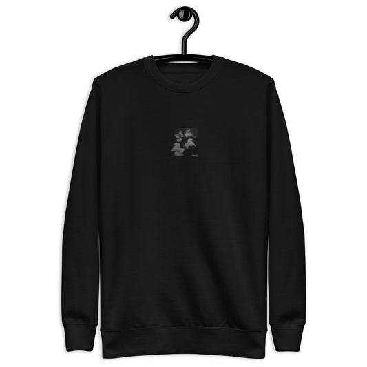 Minimalist streetwear style unisex premium sweatshirt in black featuring the 'ivy (B&W)' photo art on the front. / モードストリート系ユニセックス・プレミアム・スウェットシャツ（ブラック）フロントに「アイビー（モノクロ）」のフォトアートを配したデザイン。