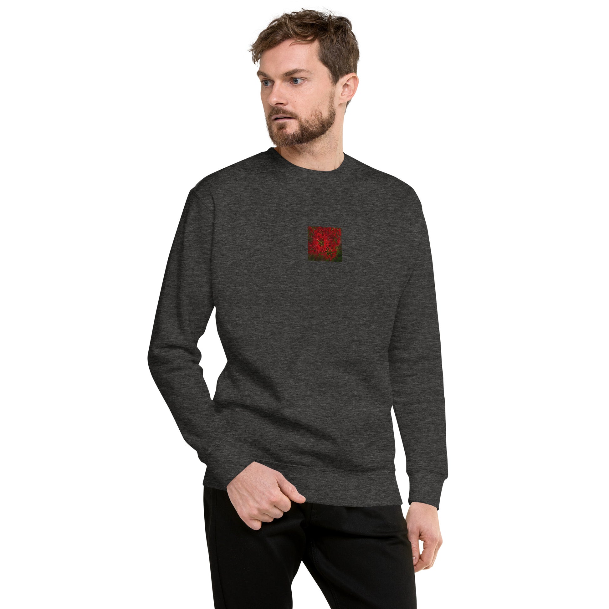 Red Spider Lily Botanical Art – Unisex Premium Sweatshirt, Charcoal Heather, Front View