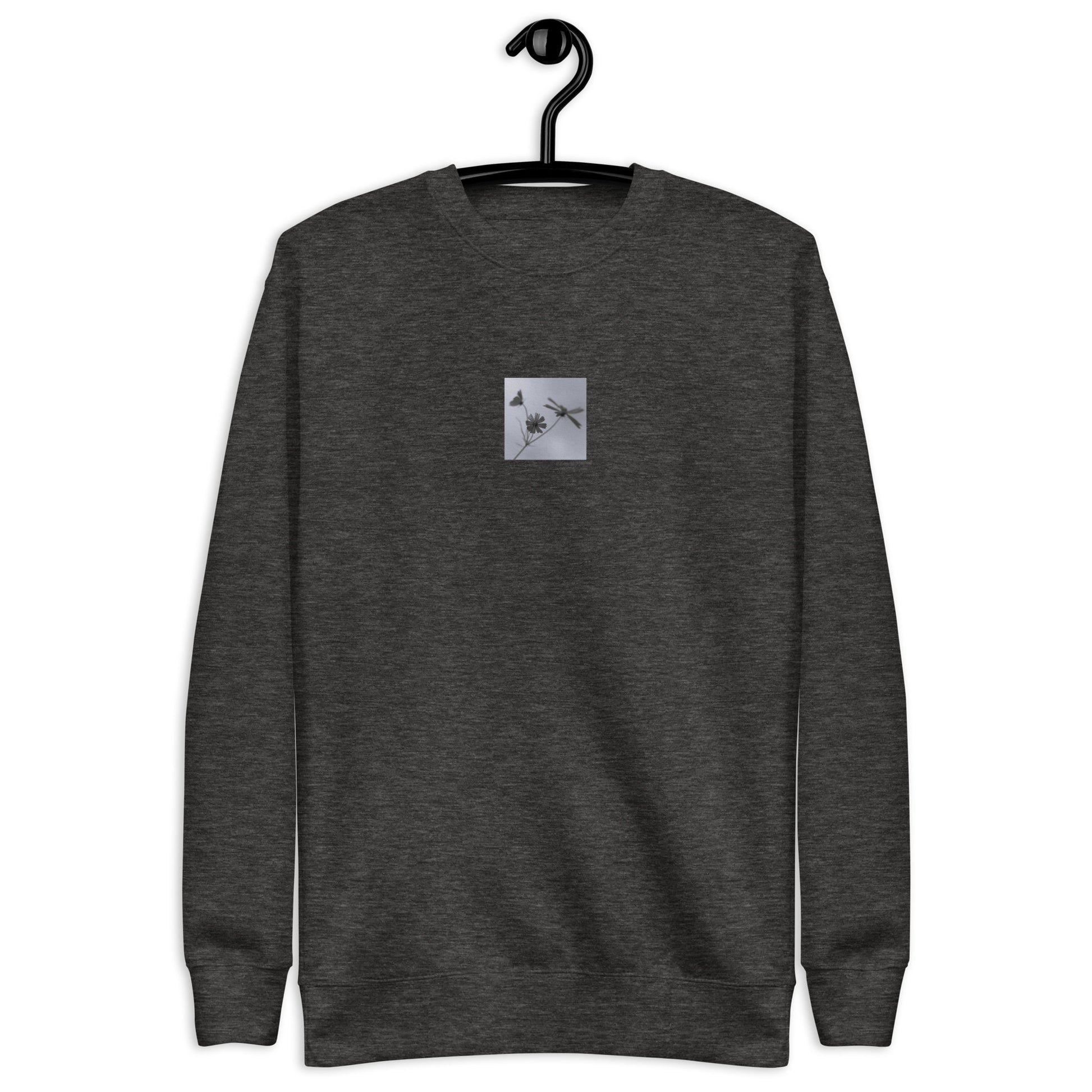 Three Cosmos Flowers Botanical B&W Art – Unisex Premium Sweatshirt, Charcoal Heather, Front View