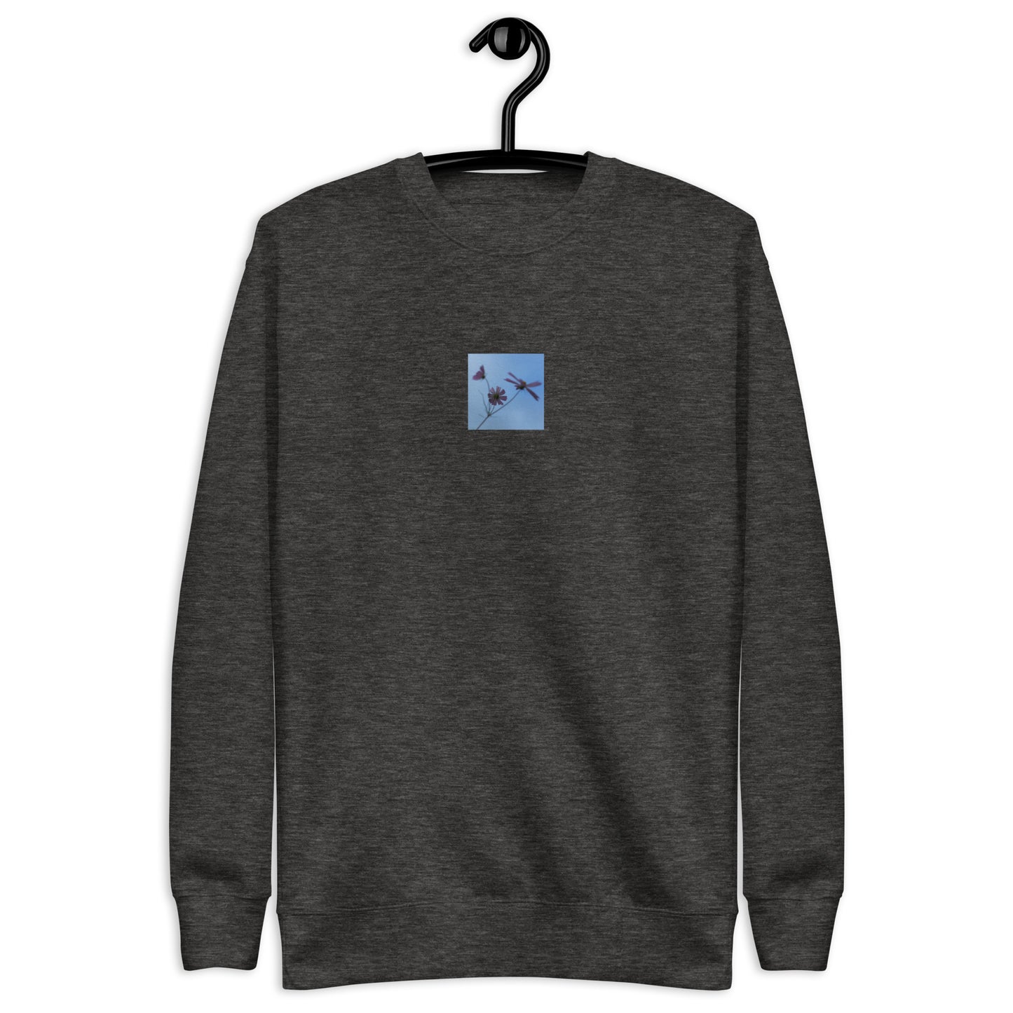 Three Cosmos Flowers Botanical Art – Unisex Premium Sweatshirt, Charcoal Heather, Front View